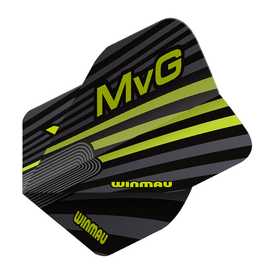 Das Bild zeigt die Winmau Prism Delta MvG Grey Green No2 Standard Flights. Es handelt sich um Dart-Flights in Grau und Grün.