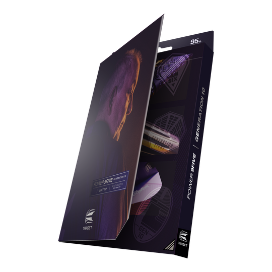 Target Phil Taylor Power 9Five GEN10 zachte darts Die Abbildung zeigt die Verpackung der "Target Phil Taylor Power 9Five GEN10 Softdarts". Auf der Vorderseite ist ein Porträtfoto sowie der Produktname zu sehen.