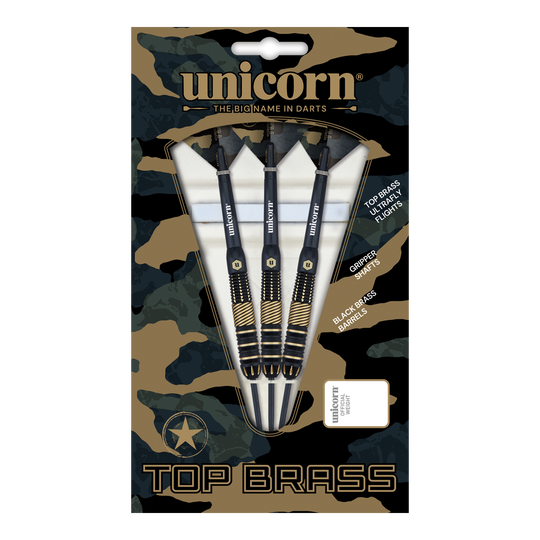 Das Bild zeigt die "Unicorn Top Brass V2 Steeldarts - 19g" in einer Verpackung mit Tarnmuster. In der Packung sind drei schwarze Steeldarts mit goldfarbenen Akzenten zu sehen.