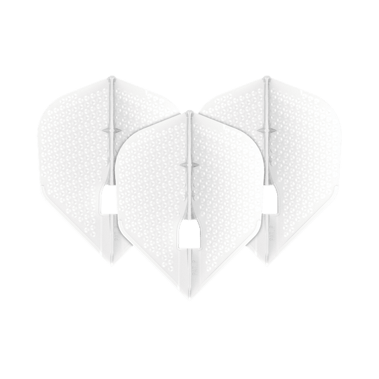 Das Bild zeigt drei weiße Dart-Flights der Marke L-Style in Dimple Champagne L3PRO-Form. Die Flights haben eine strukturierte Oberfläche mit kleinen Vertiefungen.