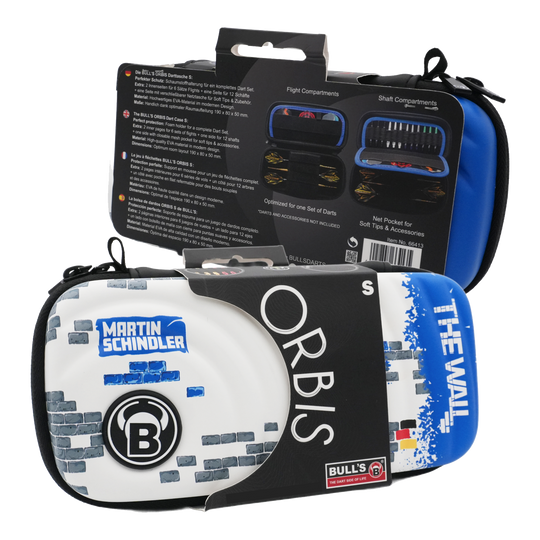 Bulls Orbis S Martin Schindler dartkoker Das Bild zeigt das Produkt "Bulls Orbis S Martin Schindler Dartcase" in einer Verpackung. Das Dartcase ist bunt gestaltet und trägt den Namen "Martin Schindler" sowie "The Wall".