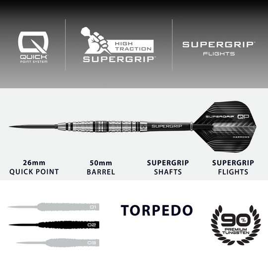 Harrows Supergrip Torpedo Quick Point stalen dartpijlen Dieses Bild zeigt die Harrows Supergrip Torpedo Quick Point Steeldarts. Der Artikel ist in Nahaufnahme zu sehen.