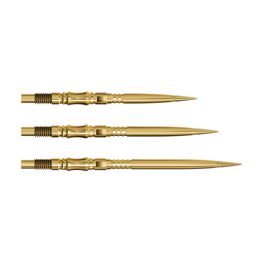 Harrows Quick Point Axis Elite Series dartpunten - Goud Die Harrows Quick Point Axis Elite Series Dartspitzen in Gold sind auf dem Bild zu sehen. Mehrere goldene Dartspitzen liegen nebeneinander.
