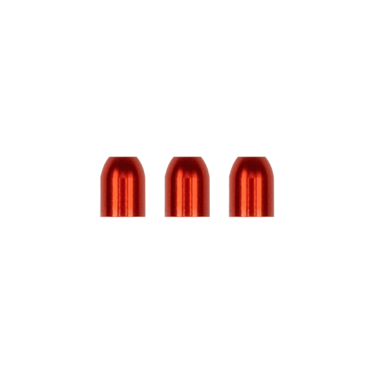 LCR-OR_L-Style_Premium_Metall_Champagne_Ringe_Orange_1 Das Bild zeigt drei metallische, rot glänzende L-Style Premium Champagne Ringe. Sie sind gleichmäßig nebeneinander auf einem neutralen Hintergrund angeordnet.