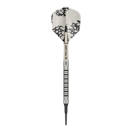Target EXO 11 Zachte Darts Dies ist ein Softdart des Modells "Target EXO 11". Er hat ein silbernes Barrel mit Rillen und ein Flight mit schwarz-weißem Muster.