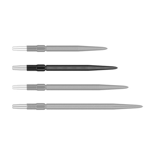 Target Swiss Point Nano Dartpunten - Zwart Auf dem Bild sind vier schwarze Dartspitzen in einer Reihe zu sehen. Die Spitzen sind aus Metall und haben ein geriffeltes Muster am oberen Ende.