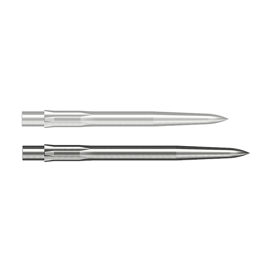 Caliburn System Steel Dart Tips - Glad - Zilver Auf dem Bild sind zwei glatte, silberne Steeldartspitzen zu sehen. Sie liegen parallel nebeneinander auf weißem Hintergrund.