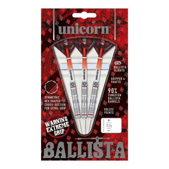 Unicorn Ballista Style 2 stalen darts Das Bild zeigt eine Packung "Unicorn Ballista Style 2 Steeldarts" mit drei Darts. Die Verpackung hebt den extremen Grip und den 90%igen Tungsten-Anteil der Barrels hervor.