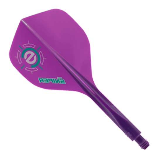 Das Bild zeigt ein lila Dart-Flightsystem mit der Aufschrift "Sniper". Es handelt sich um das Modell "Condor Axe 120 Connor Scutt Sniper Purple Flight-System - Standard".