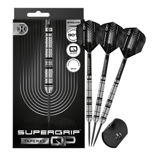Harrows Supergrip Tapered Quick Point stalen dartpijlen Abgebildet sind die Harrows Supergrip QP Tapered Quick Point Steeldarts. Es handelt sich um hochwertige Steeldarts für präzises Dartspiel.