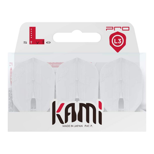 L-Style KAMI L3PRO-vluchten Die Abbildung zeigt eine Packung mit drei weißen Dartflights der Marke KAMI. Auf der Verpackung steht „Made in Japan“ und das Produkt ist für das L3 PRO System geeignet.