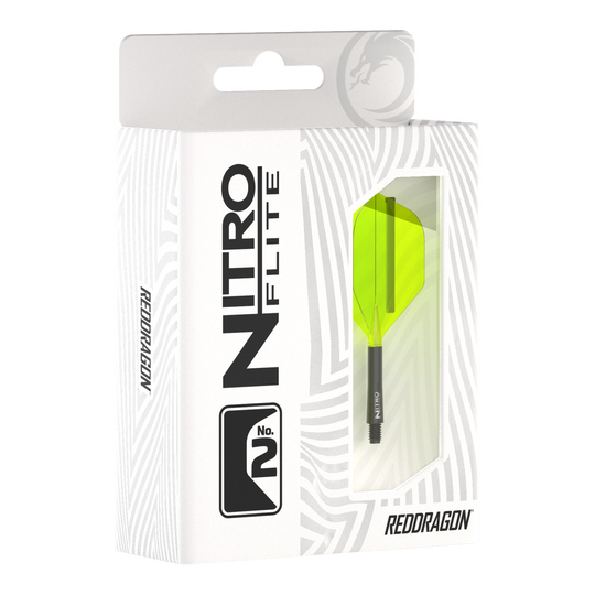 Die Abbildung zeigt die Verpackung des Produkts "Red Dragon Nitroflite - Black Shaft Yellow No2 Flights". In der Packung ist ein Dartflight mit gelben Flügeln und schwarzem Schaft zu sehen.