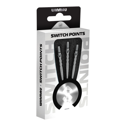 Winmau Switch Point Groove stalen dartpunten - Zilverkleurig effect Das Bild zeigt Winmau Switch Point Groove Steeldartspitzen im Silver Effect. Die Dartspitzen besitzen Rillen und eine silberne Oberfläche.