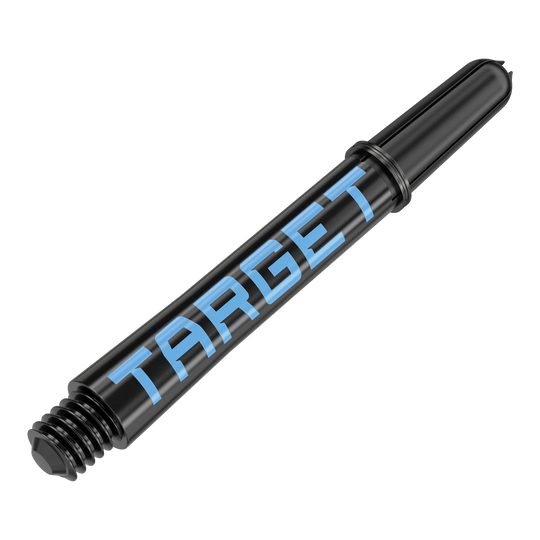 Dies ist ein schwarzer Dart-Schaft mit blauer Schrift. Auf dem Schaft steht das Wort "TARGET".