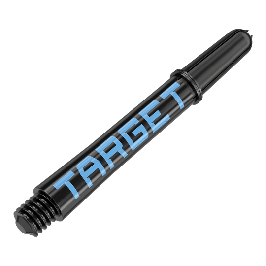 Target Pro Grip TAG Shafts - 3 sets - Zwartblauw Dies ist ein schwarzer Dart-Schaft mit blauer Schrift. Auf dem Schaft steht das Wort "TARGET".