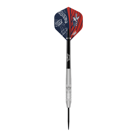 Bulls NL Richard Veenstra 80 stalen darts - 23g Das Bild zeigt einen Steeldartpfeil namens "Bulls NL Richard Veenstra 80 Steeldarts - 23g". Der Dart hat eine silberne, gerillte Spitze und bunte Flights in Blau und Rot mit weißen Mustern.