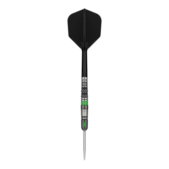 Target Japan Black Marque Lightning 3 SP steel darts Das Bild zeigt einen Target Japan Black Marque Lightning 3 SP Steeldart. Der Dartpfeil hat ein schwarzes Flight und Details in Silber und Grün am Schaft.
