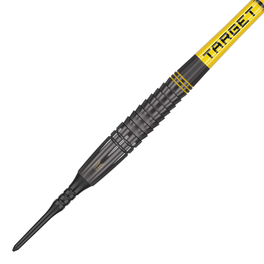 Target Scott Williams Shaggy Black Soft Darts - 20g Das Bild zeigt einen schwarzen Softdart mit gelben Akzenten und der Aufschrift "TARGET". Es handelt sich um das Produkt "Target Scott Williams Shaggy Black Softdarts - 20g".