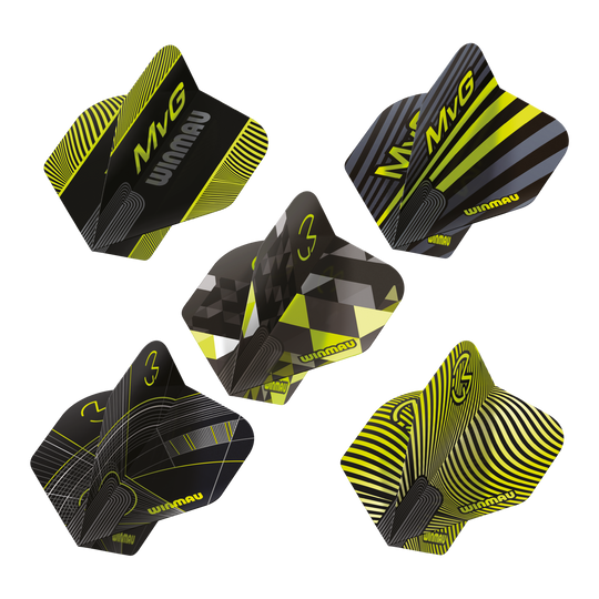 Winmau Michael Van Gerwen Prism No2 standaard vluchtcollectie Das Bild präsentiert die Winmau Michael Van Gerwen Prism No2 Standard Flight Collection. Es handelt sich um eine Auswahl an Dart Flights.