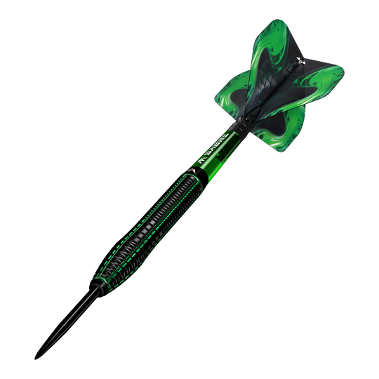 Mission Venom stalen darts Das Bild zeigt einen Mission Venom Steeldart mit schwarzem und grünem Design. Die Flights sind ebenfalls grün mit einem geschwungenen Muster.