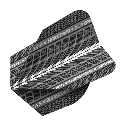 Hier sind Harrows Supergrip Weiß No6 Flights zu sehen. Das Produkt besteht aus weiß gefärbten Dart-Flights.