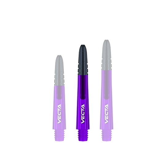Winmau Vecta Shafts - Paars Zwart Das Bild zeigt drei lila und schwarze Dartschäfte der Marke Vecta. Sie sind nebeneinander aufgereiht und haben unterschiedliche Längen.