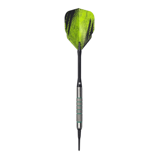 McDart 85 Tungsten V7 zachte dartpijlen - 16,5 g Der abgebildete Dart ist der „McDart 85er Tungsten V7 Softdart“ mit einem Gewicht von 16,5 Gramm. Er hat ein auffälliges grünes Flight-Design und einen griffigen, silberfarbenen Barrel.