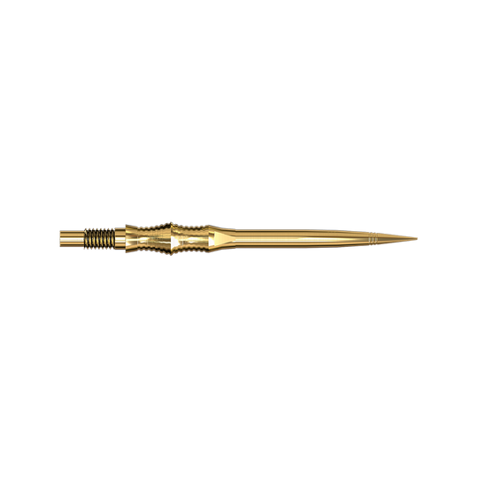 Apex Spire Gold Elite Serie Dartspitzen in 35mm sind abgebildet. Sie sind lang und goldfarben.