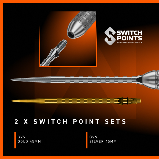Winmau Gian Van Veen W-MAX Switch Point stalen dartpijlen Winmau Gian Van Veen W-MAX Switch Point Steeldarts werden im Bild präsentiert. Die Darts sind klar und deutlich zu erkennen.