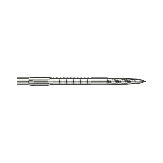Caliburn System stalen dartpunten - Micro Grip - Zilver Die Abbildung zeigt eine Caliburn Evo System Steeldartspitze Micro Grip in Silber mit 36 mm Länge. Die Spitze ist detailliert und auf weißem Hintergrund dargestellt.