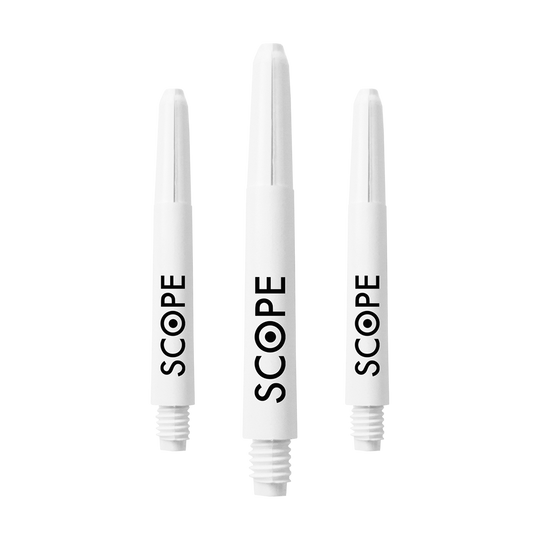 Das Bild zeigt drei weiße McDart Scope Nylon Shafts. Auf jedem Shaft steht das Wort "SCOPE" in schwarzer Schrift.