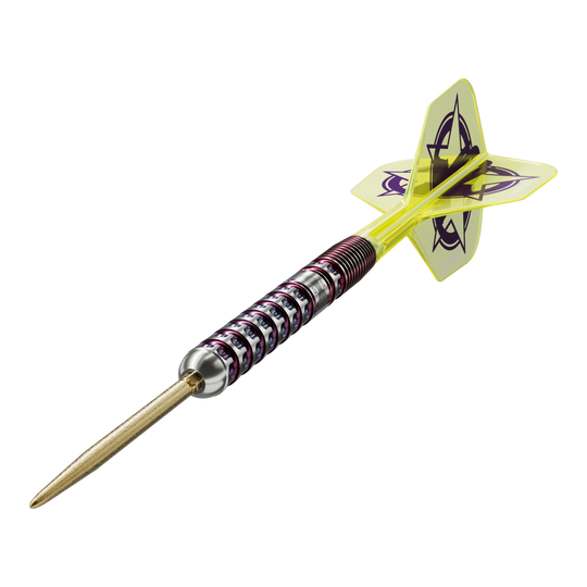 Das Bild zeigt einen Steeldart der Marke Target, Modell "Luke Littler World Champion 2025 Edition" mit einem Gewicht von 23g. Der Dart hat ein modernes Design mit gelben Flights und einem auffälligen, gerillten Metallgriff.