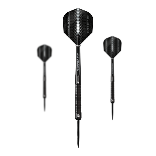 Harrows Supergrip Black Edition stalen darts Das Bild zeigt drei schwarze Steeldarts der Marke Harrows Supergrip Black-Edition. Die Darts haben ein elegantes Design mit silbernen und schwarzen Akzenten.