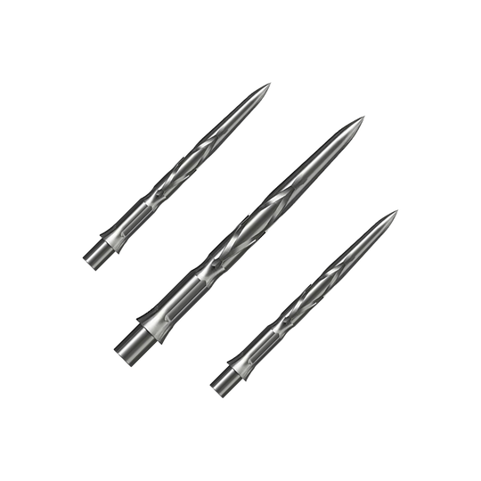 Caliburn System stalen dartpunten - HAN G2 - Zilver Auf dem Bild sind drei silberne Steeldartspitzen zu sehen. Sie haben eine spitz zulaufende Form mit eingeritztem Muster.