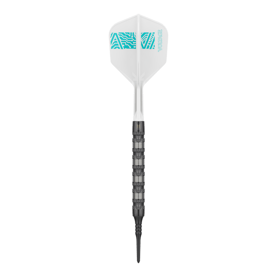 Target Rob Cross 95K Swiss Point Zachte Darts - 18g Der Target Rob Cross 95K Swiss Point Softdart wiegt 18 Gramm und hat ein auffälliges, strukturiertes Barrel. Die Flight ist weiß mit türkisfarbenem Muster und der Aufschrift "VOLTAGE".