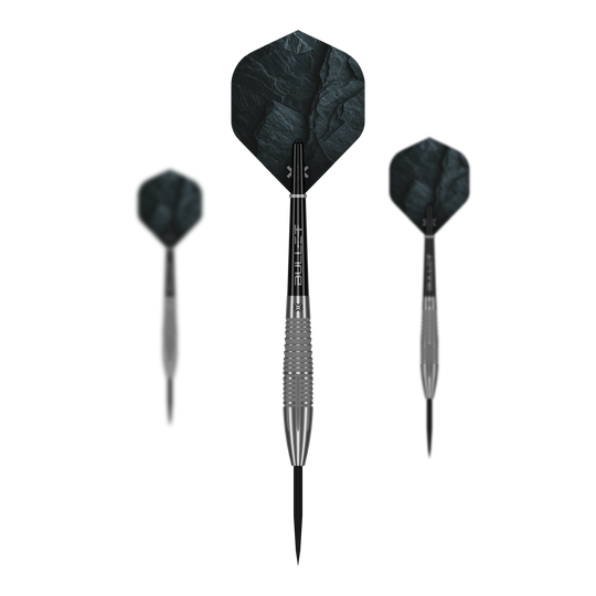 Bullet Monolith stalen pijltjes Bullet Monolith Steel Darts sind dargestellt. Es handelt sich um ein Set von Steeldarts aus der Bullet Monolith Serie.