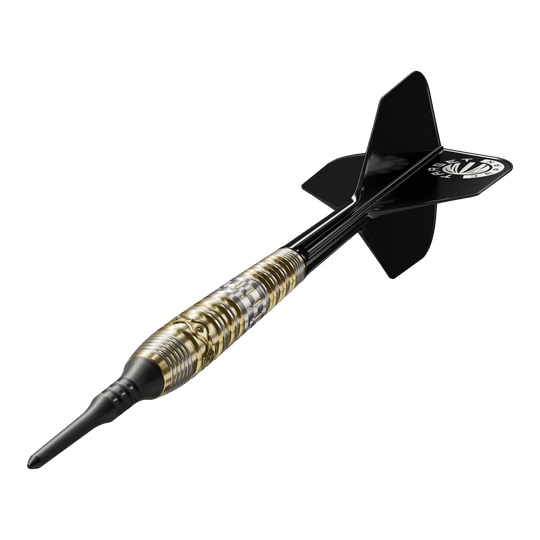 Das Bild zeigt einen Softdartpfeil namens "Target Japan Hot Shot GEN2 Softdarts - 19g". Der Dart hat ein schwarz-goldenes Design mit einer schwarzen Spitze und schwarzen Flights.
