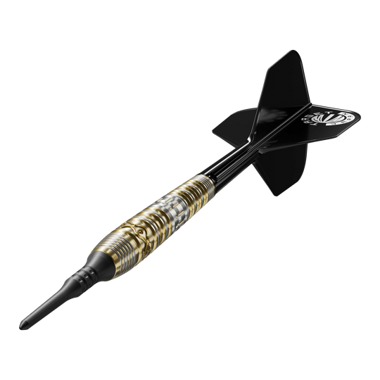 Target Japan Hot Shot GEN2 Soft Darts - 19g Das Bild zeigt einen Softdartpfeil namens "Target Japan Hot Shot GEN2 Softdarts - 19g". Der Dart hat ein schwarz-goldenes Design mit einer schwarzen Spitze und schwarzen Flights.