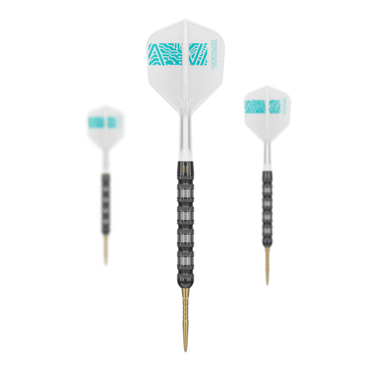 Das Bild zeigt drei Target Rob Cross 95K Swiss Point Steeldarts. Die Darts haben schwarze Griffe, goldene Spitzen und weiße Flights mit türkisfarbenem Muster.