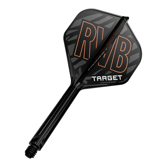 Auf dem Bild ist ein schwarzer Dartflight mit der Aufschrift „RVB“ in orange und „TARGET“ in weiß zu sehen. Der Schaft des Darts ist ebenfalls schwarz und hat eine glänzende Oberfläche.