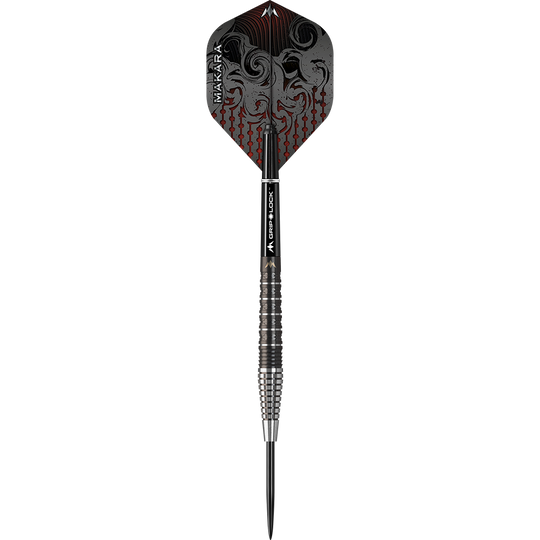 Mission Makara M2 stalen darts - 23g Das Bild zeigt einen Mission Makara M2 Steeldart mit einem Gewicht von 23 Gramm. Der Dart hat ein auffälliges Design mit schwarzen und roten Verzierungen auf dem Flight.