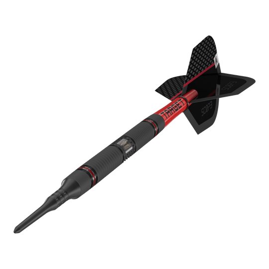 Target Scope 10 zachte pijltjes Das Bild zeigt einen modernen Softdart mit dem Namen "Target Scope 10 Softdarts". Der Dart ist schwarz und rot gestaltet und hat eine auffällige, strukturierte Oberfläche sowie eine schwarze Flight.