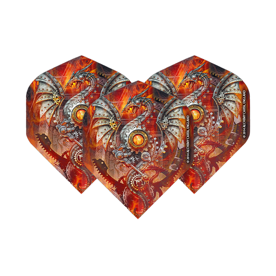 Das Bild zeigt drei Dart-Flights mit einem mechanischen Drachenmotiv in leuchtenden Orange- und Silbertönen. Die Flights sind das Produkt "Alchemy Tech Dragon No2 Standard Flights".