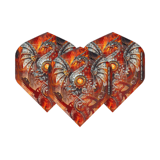 Alchemy Tech Dragon No2 Standaardvluchten Das Bild zeigt drei Dart-Flights mit einem mechanischen Drachenmotiv in leuchtenden Orange- und Silbertönen. Die Flights sind das Produkt "Alchemy Tech Dragon No2 Standard Flights".
