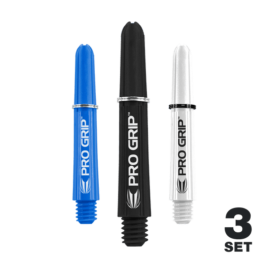 Auf dem Bild sind drei Dartshafts in den Farben Blau, Schwarz und Weiß zu sehen. Sie tragen den Aufdruck "PRO GRIP" und sind als 3er-Set abgebildet.