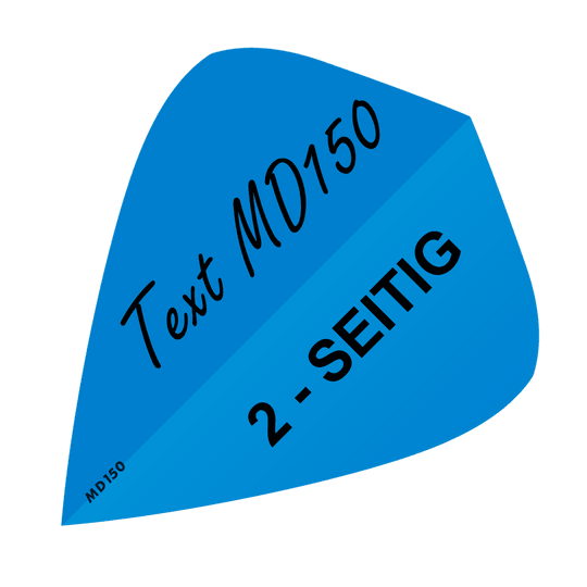 Das Bild zeigt ein blaues Quadrat mit schwarzem Text darauf. In der Mitte steht „Text MD150“ und „2-SEITIG“.