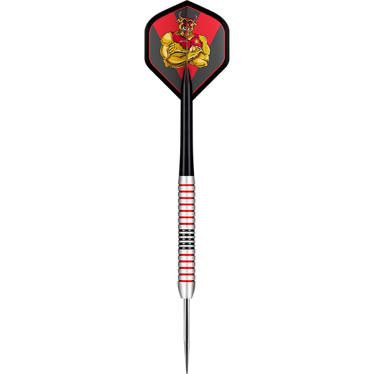 Shot Michael Smith Plated Brass Steeldarts - 24g Das Bild zeigt einen Steeldart mit dem Namen "Shot Michael Smith Plated Brass Steeldarts - 24g". Der Dart hat eine schwarz-rote Flight mit einem kräftigen, gelben Stiermotiv und einen messingfarbenen Schaft mit roten und schwarzen Ringen.
