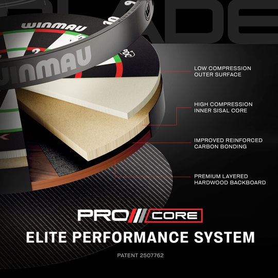 Winmau Blade X ProCore stalen dartbord Das Bild zeigt einen weiteren Blick auf das Winmau Blade X ProCore Steeldartboard. Die Aufnahme fokussiert auf die Oberfläche und das Segment-Design.