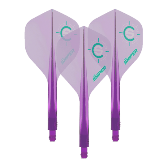 Das Bild zeigt drei lilafarbene Dart-Flights des Modells „Condor Axe 120 Connor Scutt Sniper Clear Purple“. Auf den Flights ist ein grünes Ziel-Logo sowie das Wort „Sniper“ zu sehen.