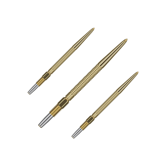 Target Swiss Point GRD Gold darttips Das Bild zeigt drei goldene Dartspitzen des Produkts "Target Swiss Point GRD Gold Dartspitzen". Die Spitzen sind fein gearbeitet und haben einen metallischen Glanz.